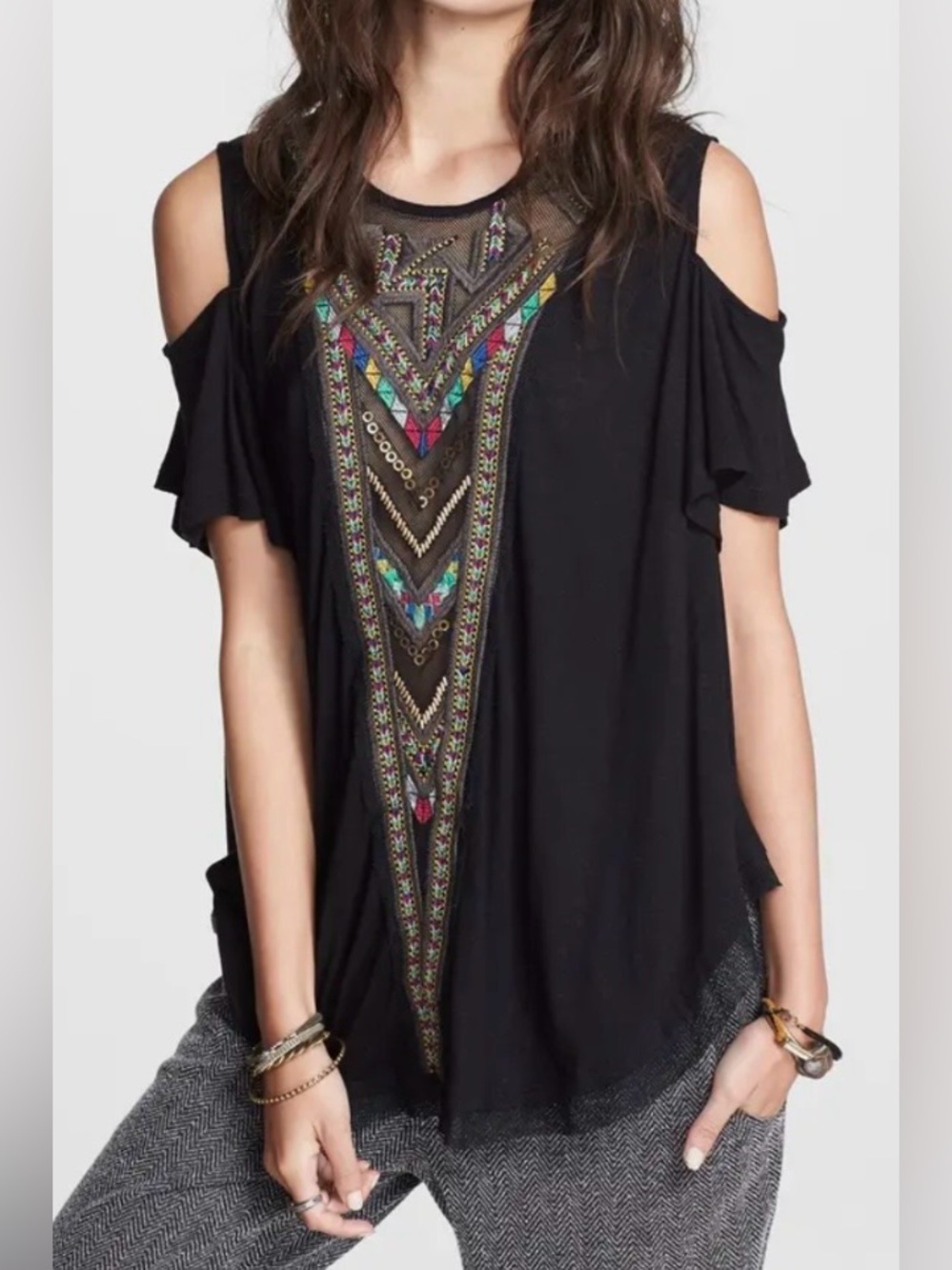 Free People Embroidered Top Black